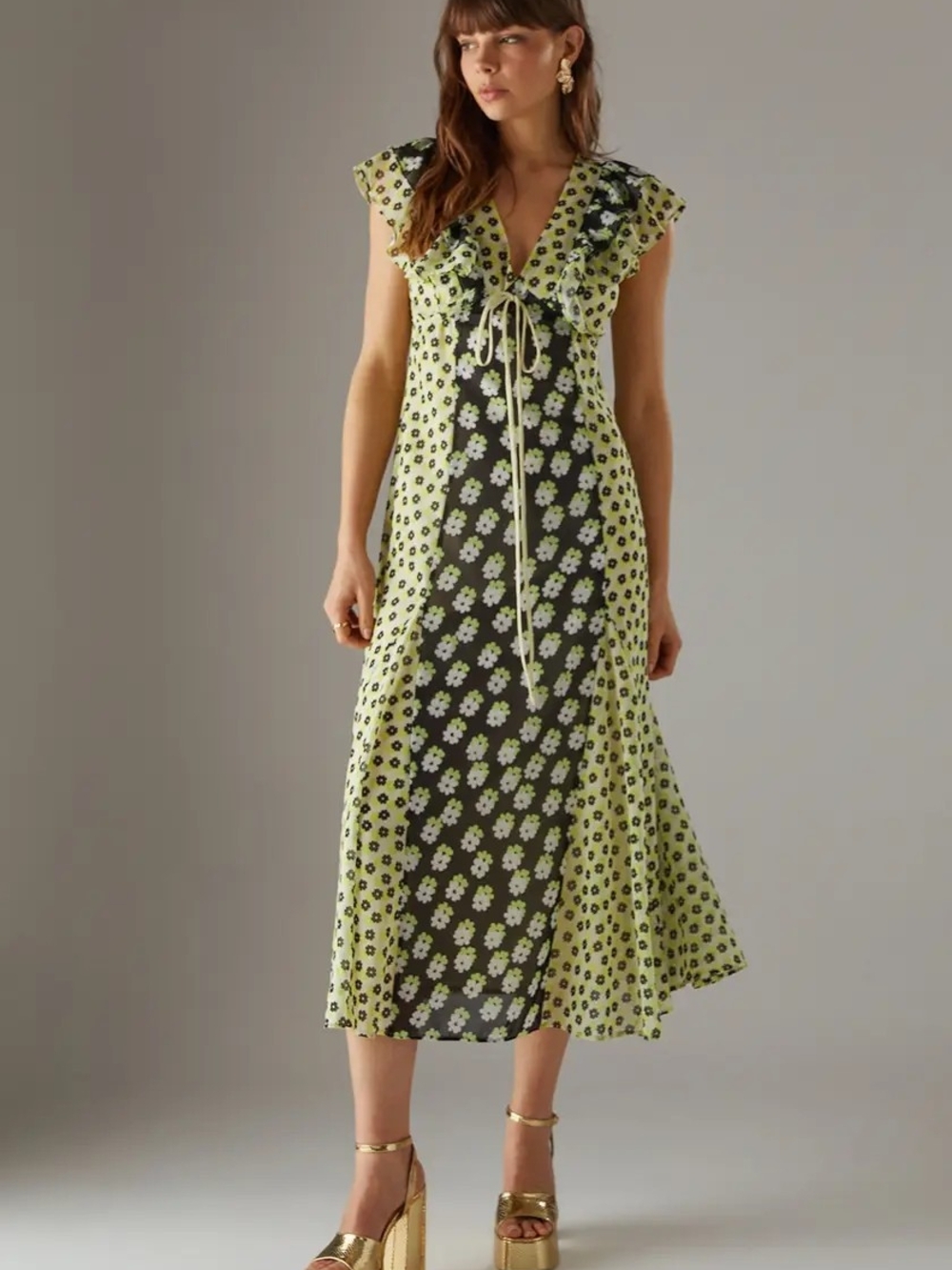 Warehouse Mixed Floral Frill Tie Front Midi Tea dress